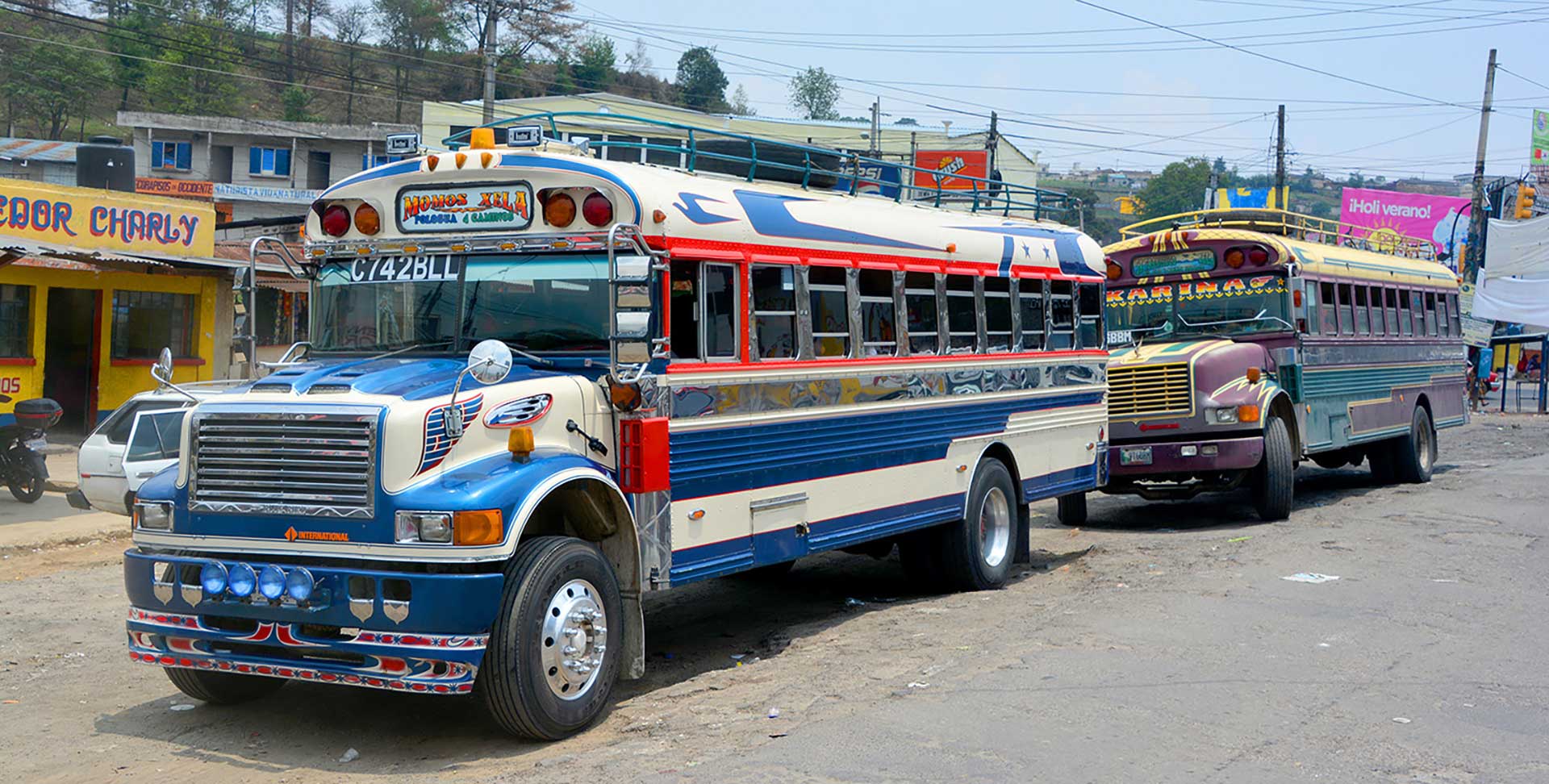 4.	Colorful chicken buses are the main mode of public transportation in Guatemala.